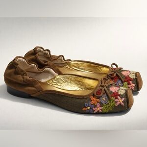 Zinc (Anthropologie) Embroidered Ballet Flats, suede, fabric, brown/multi, sz7,